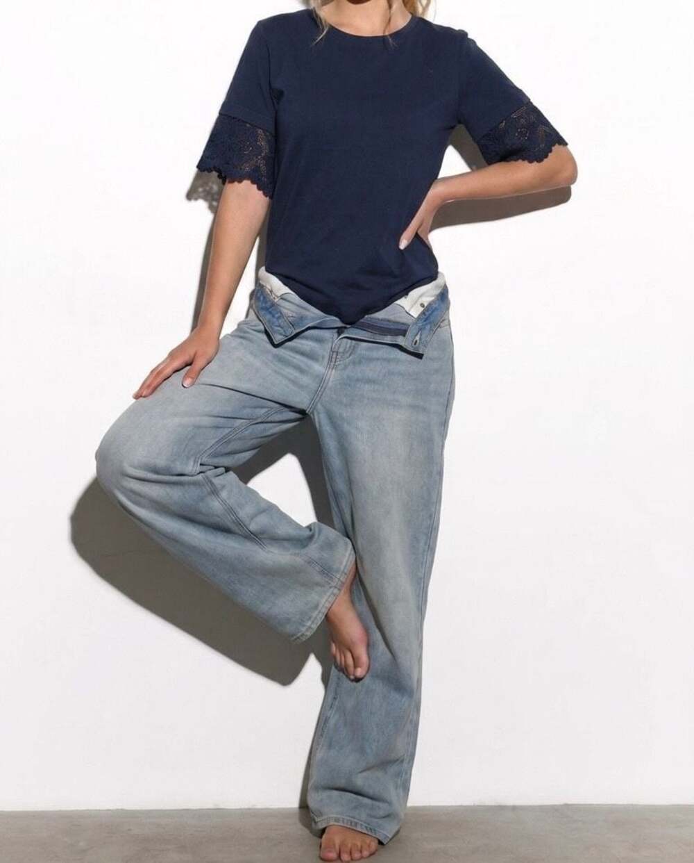 J.Crew Navy Short Sleeve T-Shirt with Lace Trim Sleeves